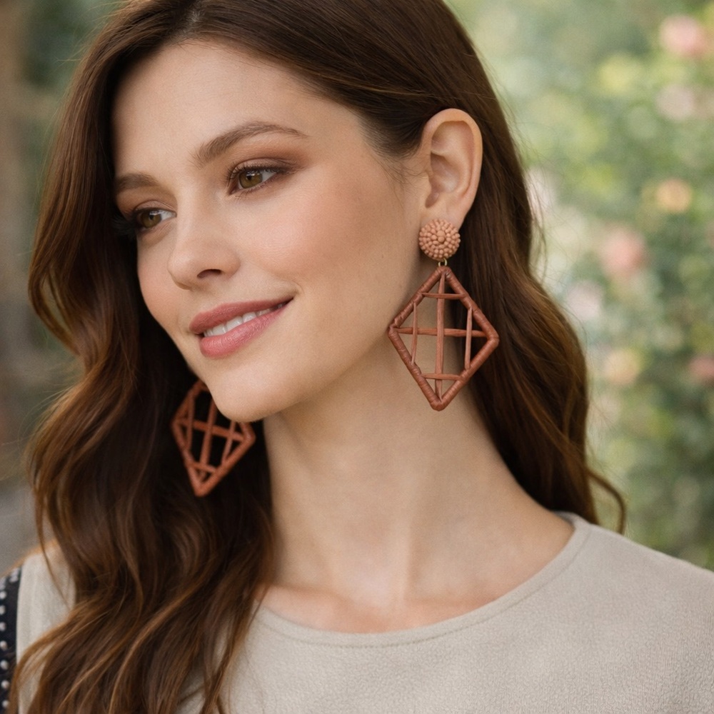 L&P Coral Beaded Woven Geometric Dangle Earrings Statement Boho Resort
